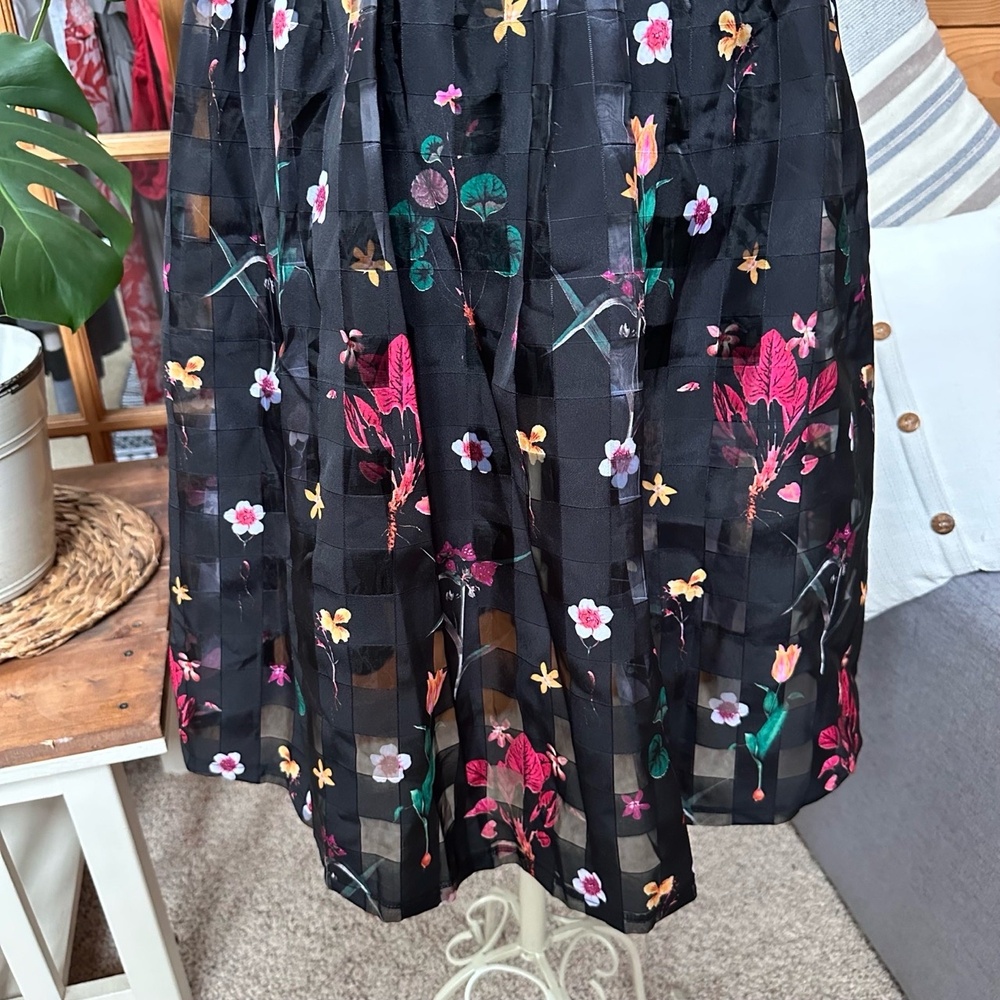 Black Floral Print Pleated Skirt Button Front Sleeveless Dress Large - Picture 13 of 16